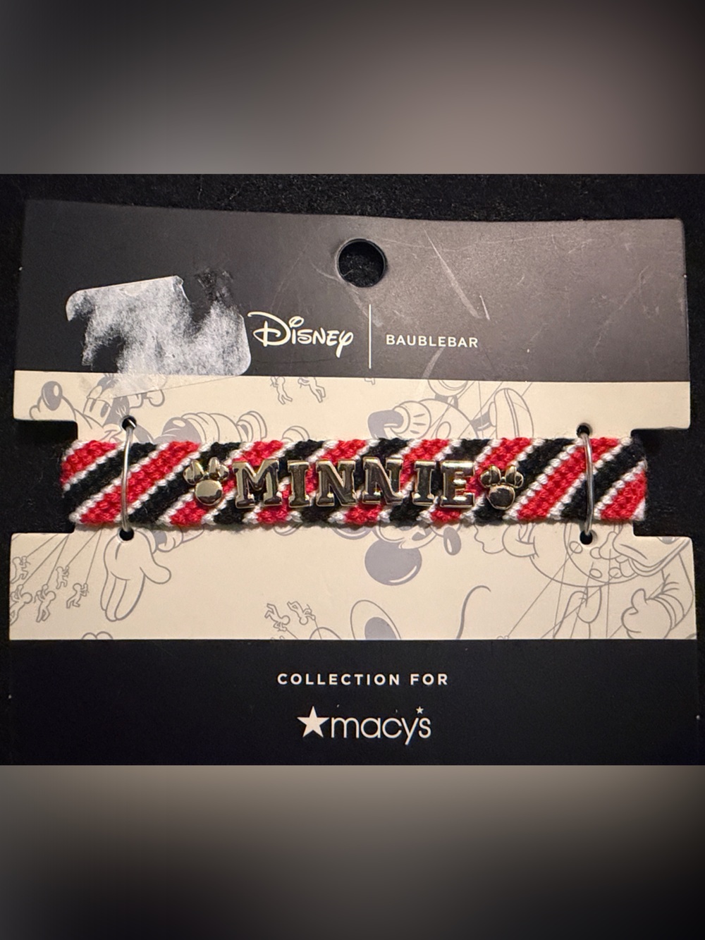 Disney Minnie Red Black White Woven Name Bracelet with Gold Lettering